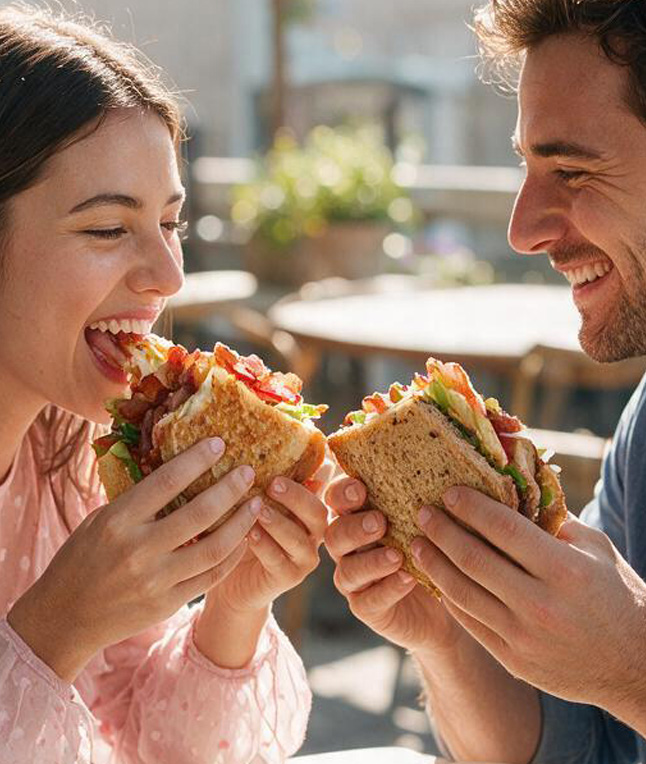 Pareja brindando con dos sándwiches