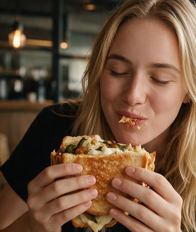 Mujer disfrutando un sándwich caliente de queso